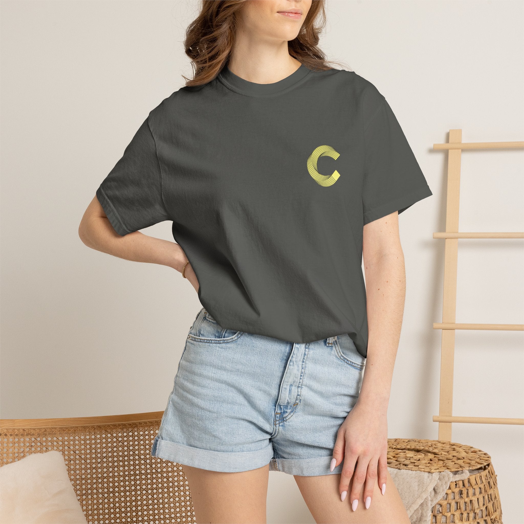 LongView Compute Emblem Tee – Gold & Blue Garment-Dyed Shirt